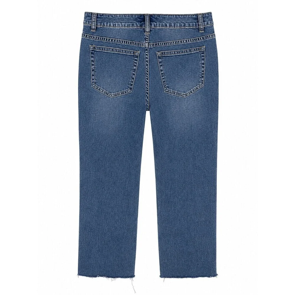 AZI New York Side Stripe Distressed Crop Jeans Size 2 Blue Denim Raw Hem